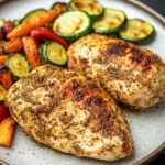 Air fryer chicken breast dinner - the image shows two pieces of grilled chicken breasts on a white plate. the chicken breasts are golden brown and appear to be seasoned with herbs and spices. on the left side of the plate, there is a serving of roasted vegetables, including zucchini, carrots, and bell peppers. the vegetables are arranged in a circular pattern around the chicken breasts. the plate is sitting on a dark grey countertop.