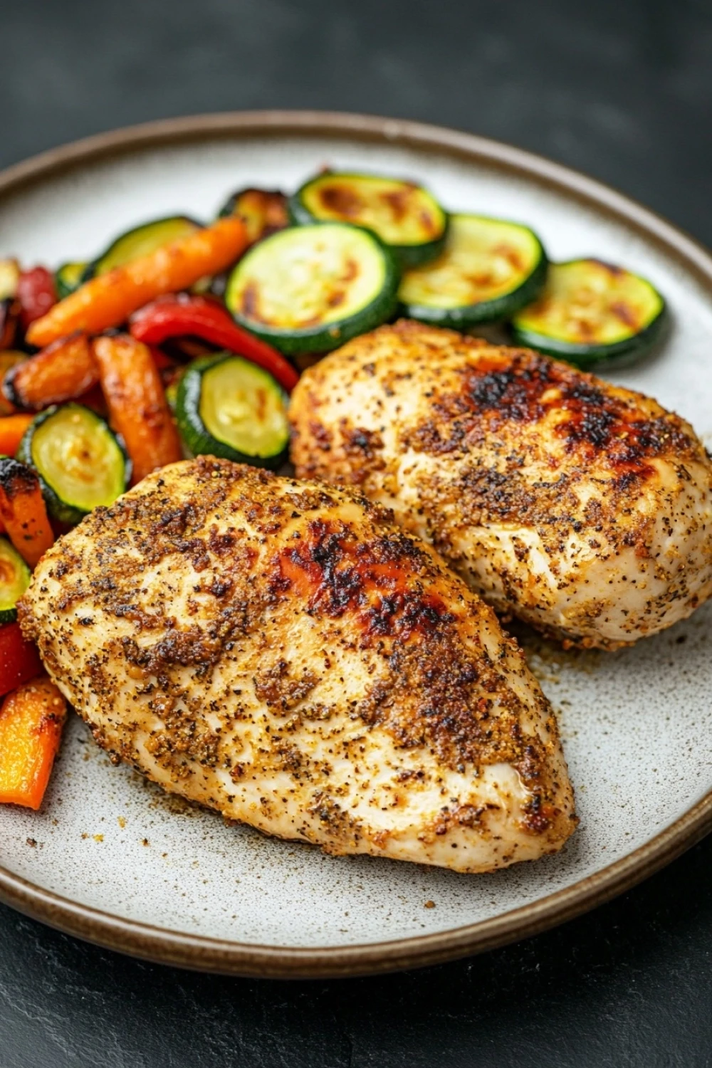 Air fryer chicken breast dinner - the image shows two pieces of grilled chicken breasts on a white plate. the chicken breasts are golden brown and appear to be seasoned with herbs and spices. on the left side of the plate, there is a serving of roasted vegetables, including zucchini, carrots, and bell peppers. the vegetables are arranged in a circular pattern around the chicken breasts. the plate is sitting on a dark grey countertop.