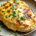 Air fryer chicken breast with cheese - the image shows a plate of food, specifically a piece of grilled chicken. the chicken is golden brown and appears to be seasoned with herbs and spices. it is covered in a thick layer of melted cheese, which is a yellowish-orange color. the cheese is drizzled over the top of the chicken, giving it a glossy sheen. the plate is made of a light-colored ceramic or ceramic dish with a brown rim. the background is a white marble countertop.