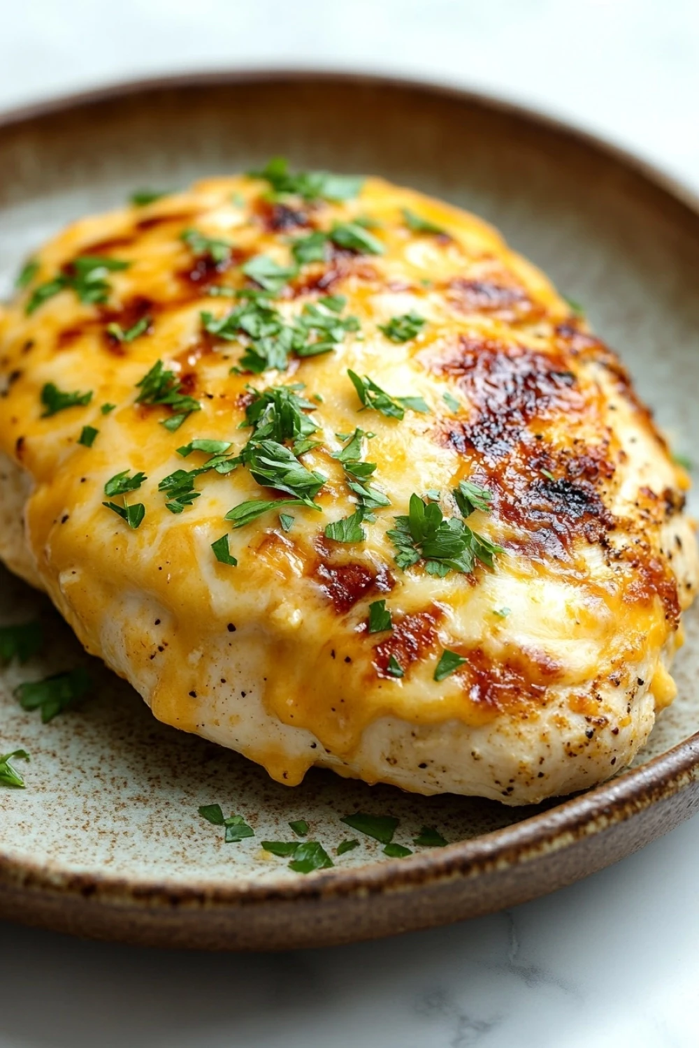 Air fryer chicken breast with cheese - the image shows a plate of food, specifically a piece of grilled chicken. the chicken is golden brown and appears to be seasoned with herbs and spices. it is covered in a thick layer of melted cheese, which is a yellowish-orange color. the cheese is drizzled over the top of the chicken, giving it a glossy sheen. the plate is made of a light-colored ceramic or ceramic dish with a brown rim. the background is a white marble countertop.