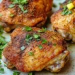 Air fryer mediterranean chicken thigh - the image shows a plate of grilled chicken drumsticks. the drumsticks are golden brown and appear to be seasoned with herbs and spices. they are arranged in a circular pattern on the plate, with some overlapping each other. the plate is white with a speckled pattern, and there are a few sprigs of parsley scattered around the plate. the background is blurred, but it appears to be a wooden table.