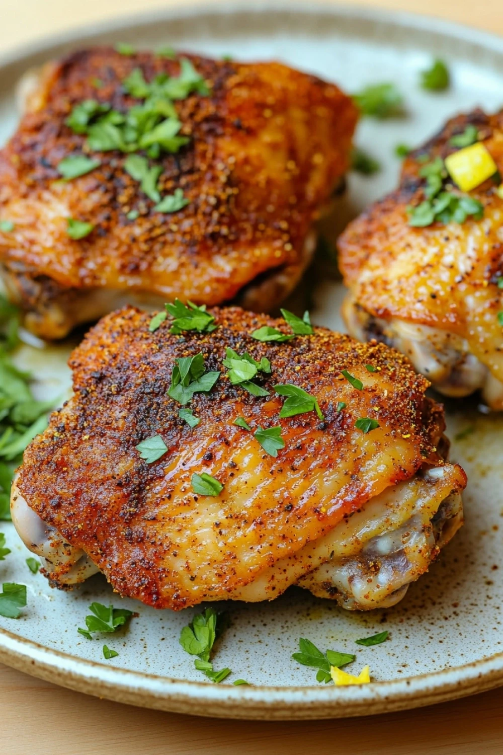 Air fryer mediterranean chicken thigh - the image shows a plate of grilled chicken drumsticks. the drumsticks are golden brown and appear to be seasoned with herbs and spices. they are arranged in a circular pattern on the plate, with some overlapping each other. the plate is white with a speckled pattern, and there are a few sprigs of parsley scattered around the plate. the background is blurred, but it appears to be a wooden table.