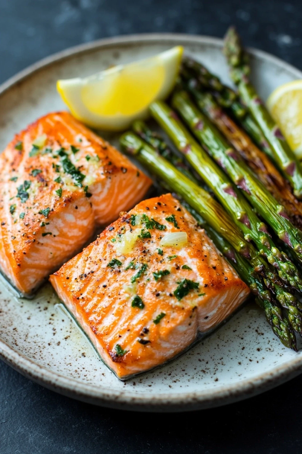 Air fryer salmon and asparagus - the image shows two pieces of salmon on a plate with asparagus. the salmon is cooked to a golden brown color and is garnished with herbs and lemon wedges. the plate is white with a speckled pattern and is placed on a dark grey countertop. the asparaglips are arranged on the side of the plate, with some of them overlapping each other. the overall presentation of the dish is elegant and appetizing.