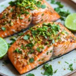 Air fryer salmon lime - the image shows two pieces of salmon on a white plate with a light brown rim. the salmon is cooked to a golden brown color and is garnished with fresh cilantro and lime wedges. the plate is sitting on a wooden table with a blurred background. the overall presentation of the dish is elegant and appetizing.