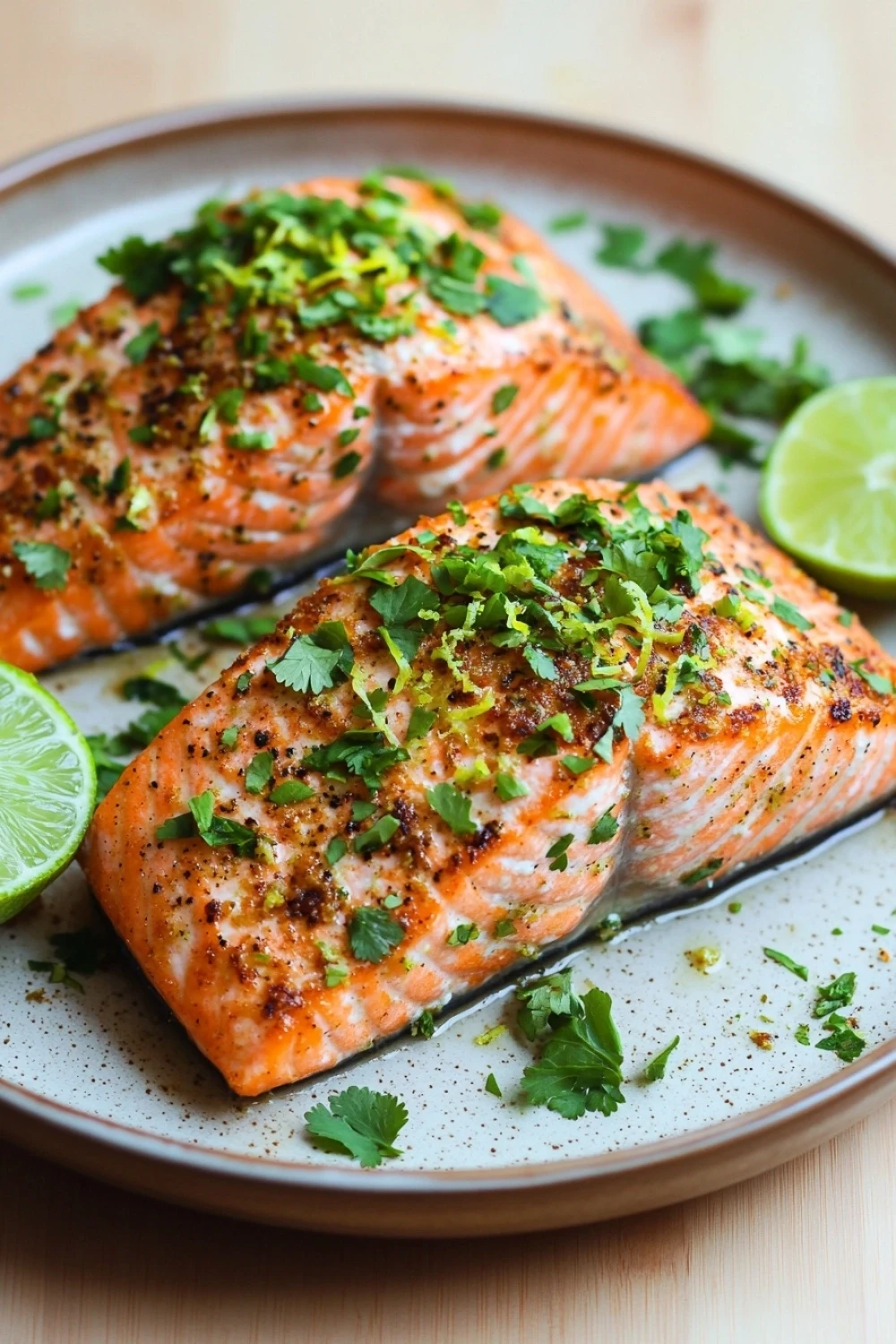 Air fryer salmon lime - the image shows two pieces of salmon on a white plate with a light brown rim. the salmon is cooked to a golden brown color and is garnished with fresh cilantro and lime wedges. the plate is sitting on a wooden table with a blurred background. the overall presentation of the dish is elegant and appetizing.