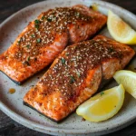 Air fryer salmon trader joes - the image shows two pieces of salmon on a plate with two lemon wedges on the side. the salmon is cooked to a golden brown color and is covered in sesame seeds and herbs. the plate is white and the salmon is placed on a wooden table. the background is blurred, but it appears to be a rustic kitchen countertop. the overall mood of the image is fresh and appetizing.