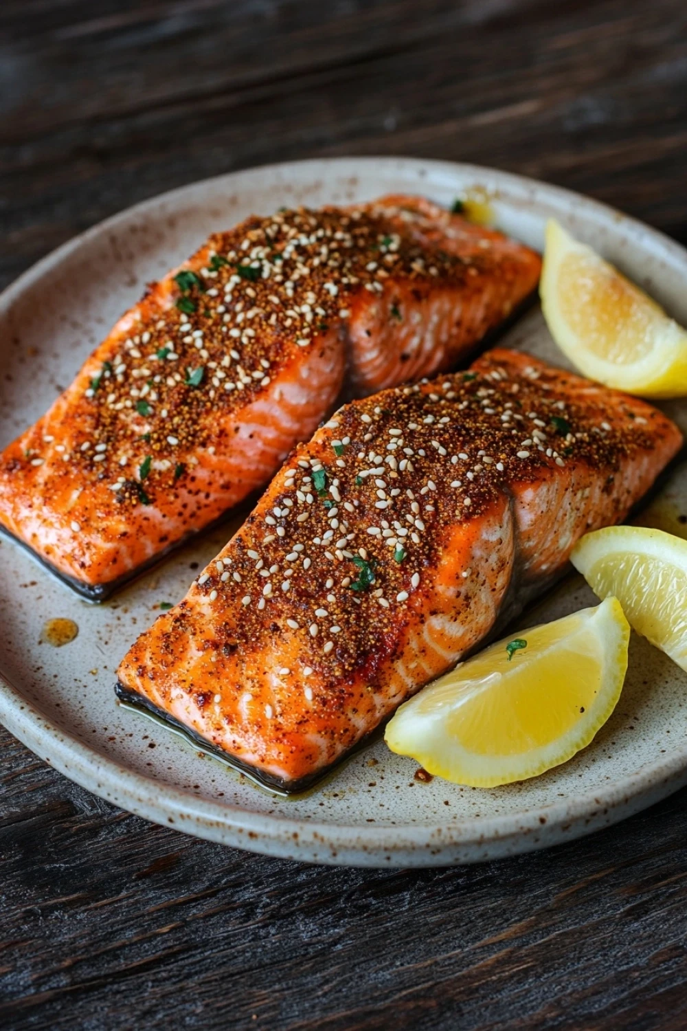 Air fryer salmon trader joes - the image shows two pieces of salmon on a plate with two lemon wedges on the side. the salmon is cooked to a golden brown color and is covered in sesame seeds and herbs. the plate is white and the salmon is placed on a wooden table. the background is blurred, but it appears to be a rustic kitchen countertop. the overall mood of the image is fresh and appetizing.