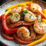 Air fryer shrimp and peppers - the image is a close-up of a plate of shrimp and vegetables. the plate is round and has a speckled texture. the shrimp are cooked medium-sized and are arranged in a pile on top of a bed of sliced red and yellow bell peppers. the bell peppers are bright red and appear to be seasoned with herbs and spices. the dish is garnished with a sprig of parsley. the background is dark and out of focus, making the colors of the dish stand out.