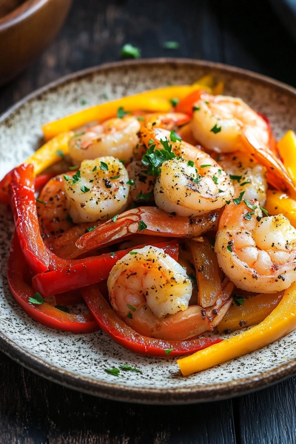 Air fryer shrimp and peppers - the image is a close-up of a plate of shrimp and vegetables. the plate is round and has a speckled texture. the shrimp are cooked medium-sized and are arranged in a pile on top of a bed of sliced red and yellow bell peppers. the bell peppers are bright red and appear to be seasoned with herbs and spices. the dish is garnished with a sprig of parsley. the background is dark and out of focus, making the colors of the dish stand out.