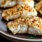 Air fryer tilapia panko - the image shows a plate of cooked fish fillets on a dark grey plate. the fillets are golden brown and appear to be seasoned with herbs and spices. they are arranged in a single layer on the plate, with some overlapping each other. the plate is garnished with a sprig of parsley. the background is blurred, but it appears to be a kitchen countertop.