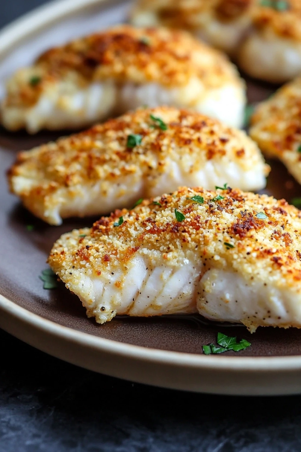Air fryer tilapia panko - the image shows a plate of cooked fish fillets on a dark grey plate. the fillets are golden brown and appear to be seasoned with herbs and spices. they are arranged in a single layer on the plate, with some overlapping each other. the plate is garnished with a sprig of parsley. the background is blurred, but it appears to be a kitchen countertop.
