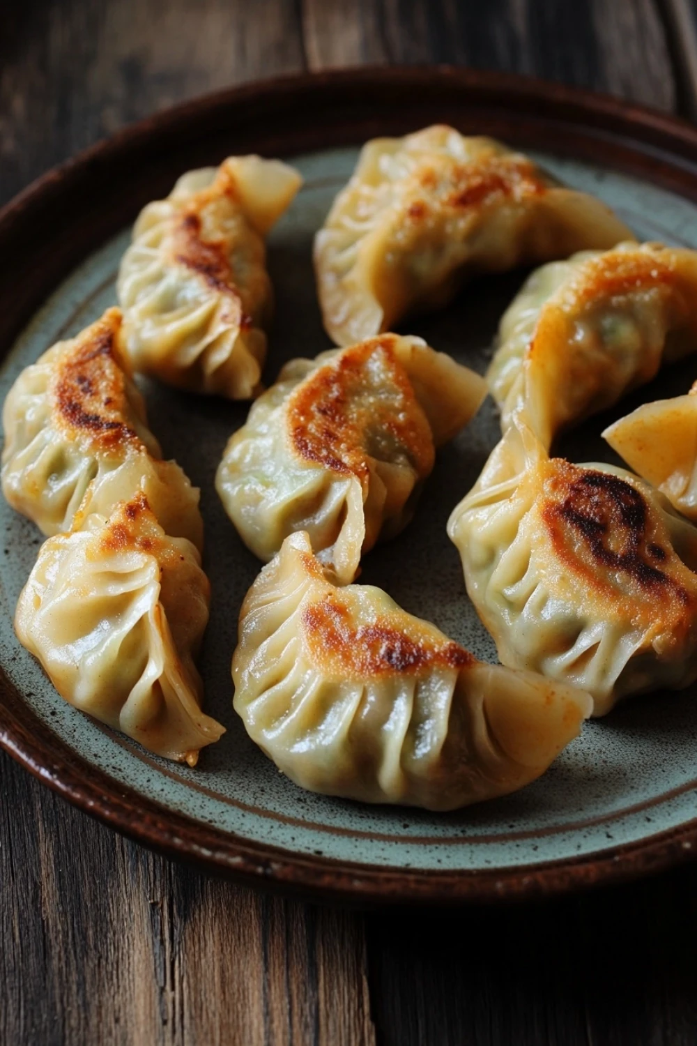 Air fryer vegetable dumplings - the image shows a plate of dumplings on a wooden table. the plate is round and has a dark brown rim. the dumpling in the center of the plate is golden brown and appears to be filled with a savory filling. the filling is made up of small pieces of meat and vegetables, which are arranged in a circular pattern on the plate. the meat is covered in a layer of orange-colored sauce, which is drizzled over the top of the filling. there are also some small pieces scattered around the plate, adding a pop of color to the dish. the overall appearance of the dish is appetizing and inviting.