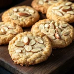 Almond shortbread cookie - the image shows a group of freshly baked almond cookies on a wooden cutting board. the cookies are round and golden brown in color, with a crumbly texture. they are topped with sliced almonds, giving them a crunchy appearance. the cutting board is placed on a dark wooden table, and there is a small bowl of almonds in the background. the overall mood of the image is warm and inviting.