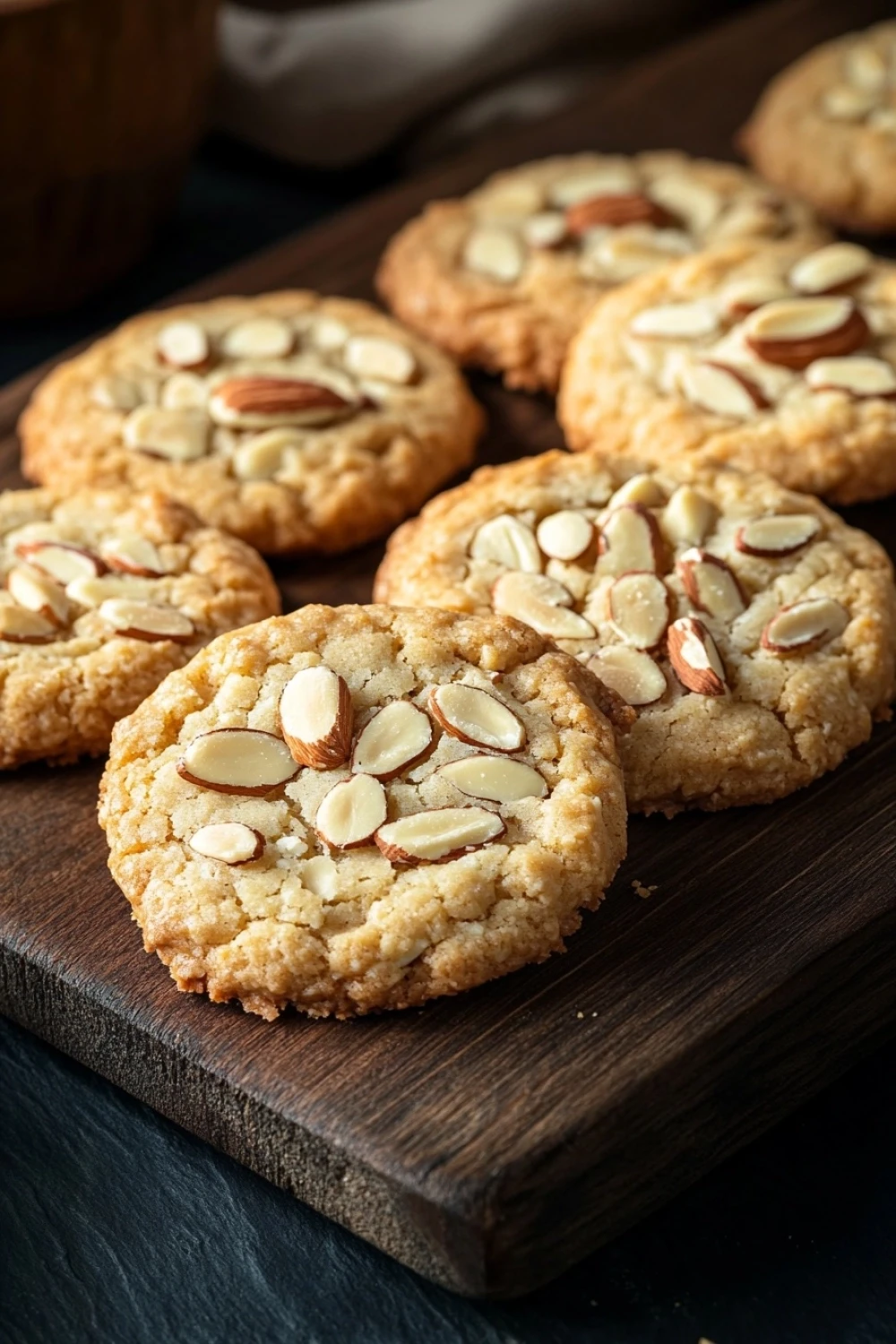 Almond shortbread cookie - the image shows a group of freshly baked almond cookies on a wooden cutting board. the cookies are round and golden brown in color, with a crumbly texture. they are topped with sliced almonds, giving them a crunchy appearance. the cutting board is placed on a dark wooden table, and there is a small bowl of almonds in the background. the overall mood of the image is warm and inviting.