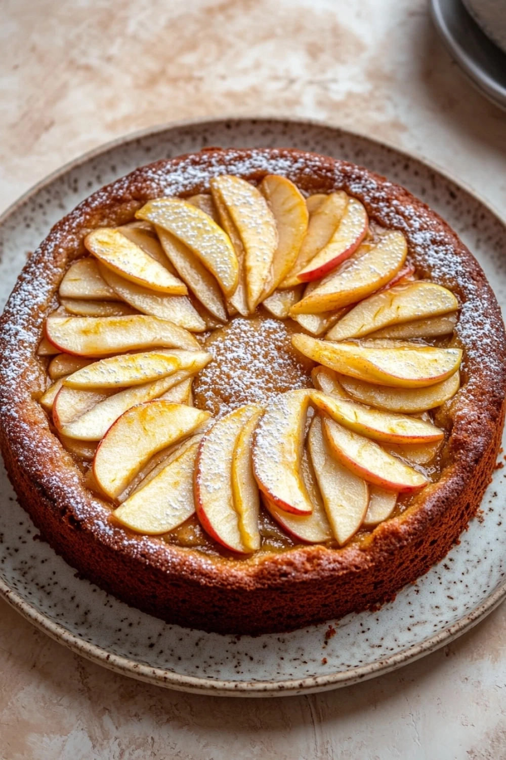 Apple cake german - the image is of a round cake on a white plate. the cake is golden brown in color and has a crumbly texture. on top of the cake, there are sliced apples arranged in a circular pattern. the apples are cut into thin slices and are dusted with powdered sugar. the plate is sitting on a beige countertop with a few other plates in the background.