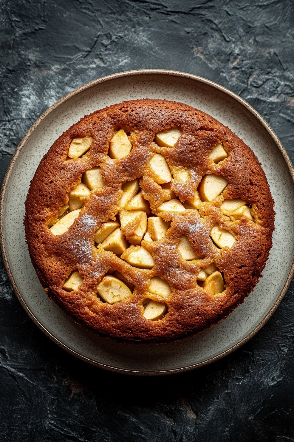 Apple cake kids - the image is a close-up of a round cake on a gray plate. the cake appears to be freshly baked and has a golden brown crust. on top of the cake, there are small pieces of sliced apples arranged in a criss-cross pattern. the apples are cut into small cubes and are scattered across the cake. the plate is placed on a dark, textured surface. the overall mood of the image is rustic and appetizing.