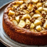 Apple cake sugar free - the image is a close-up of a round cake on a white plate. the cake appears to be freshly baked and has a golden brown crust on top. on top of the cake, there are sliced apples arranged in a circular pattern, with some of them overlapping each other. the apples are cut into small cubes and are scattered throughout the cake. the plate is sitting on a dark grey countertop. the background is blurred, making the cake the focal point of the image.