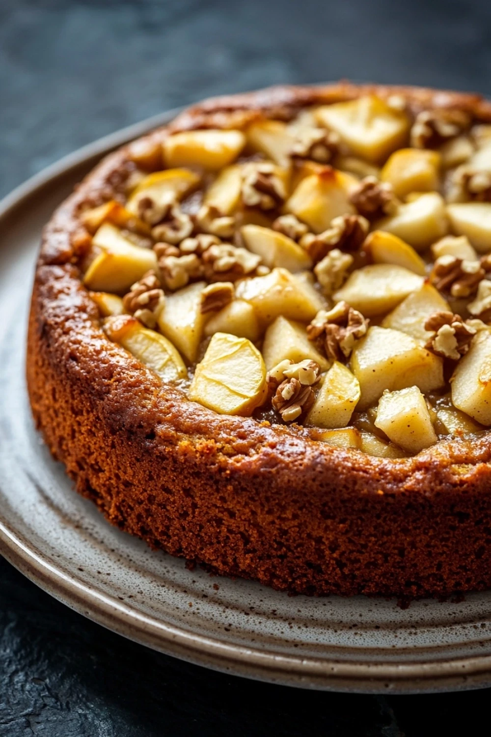 Apple cake sugar free - the image is a close-up of a round cake on a white plate. the cake appears to be freshly baked and has a golden brown crust on top. on top of the cake, there are sliced apples arranged in a circular pattern, with some of them overlapping each other. the apples are cut into small cubes and are scattered throughout the cake. the plate is sitting on a dark grey countertop. the background is blurred, making the cake the focal point of the image.