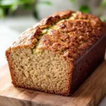 Apple zucchini bread - the image shows a freshly baked loaf of bread on a wooden cutting board. the bread appears to be golden brown in color and has a crumbly texture. it is topped with sliced zucchini, which are visible in the center of the loaf. the cutting board is placed on a white marble countertop with a potted plant in the background. the overall aesthetic of the image is rustic and homey.