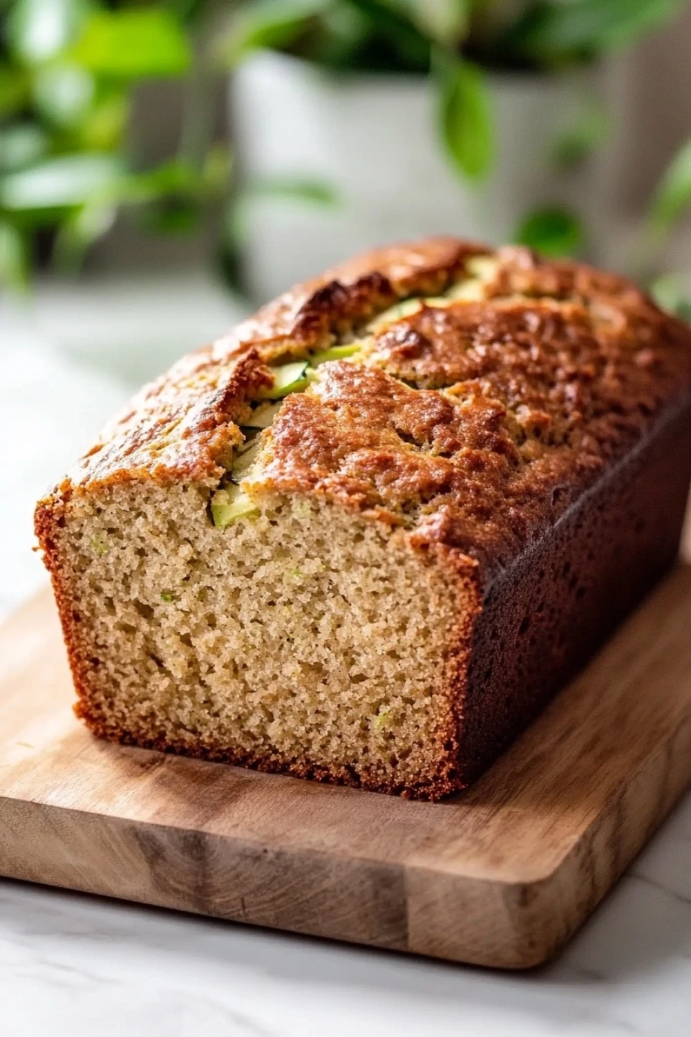 Apple zucchini bread - the image shows a freshly baked loaf of bread on a wooden cutting board. the bread appears to be golden brown in color and has a crumbly texture. it is topped with sliced zucchini, which are visible in the center of the loaf. the cutting board is placed on a white marble countertop with a potted plant in the background. the overall aesthetic of the image is rustic and homey.