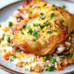 Baked chicken thighs and rice casserole - the image shows a plate of food with two pieces of chicken on top of a bed of rice. the chicken is golden brown and appears to be seasoned with herbs and spices. the rice is white and fluffy, and it is mixed with various vegetables such as peas, carrots, and bell peppers. the dish is garnished with a sprig of fresh parsley. the plate is sitting on a white marble countertop.
