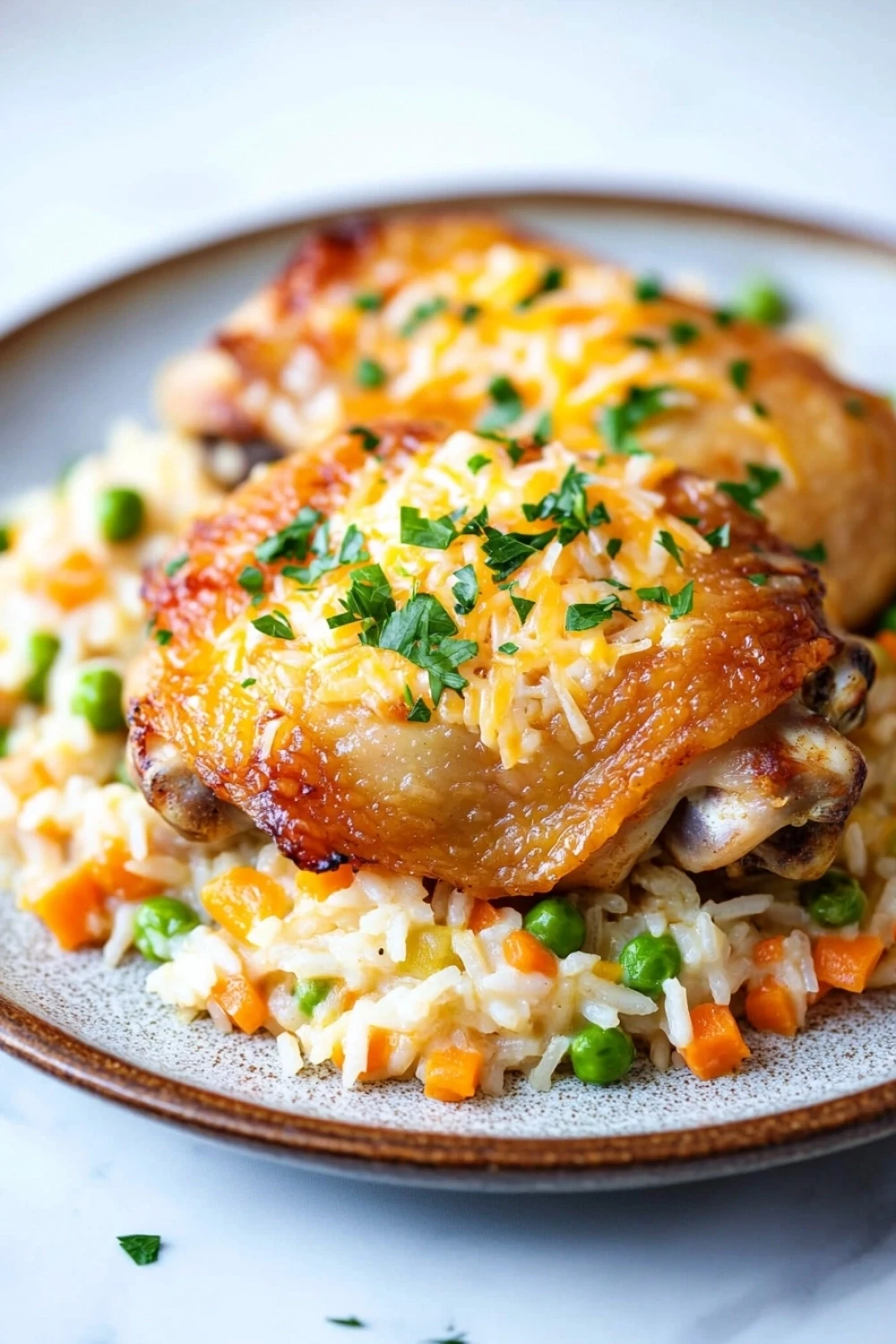 Baked chicken thighs and rice casserole - the image shows a plate of food with two pieces of chicken on top of a bed of rice. the chicken is golden brown and appears to be seasoned with herbs and spices. the rice is white and fluffy, and it is mixed with various vegetables such as peas, carrots, and bell peppers. the dish is garnished with a sprig of fresh parsley. the plate is sitting on a white marble countertop.