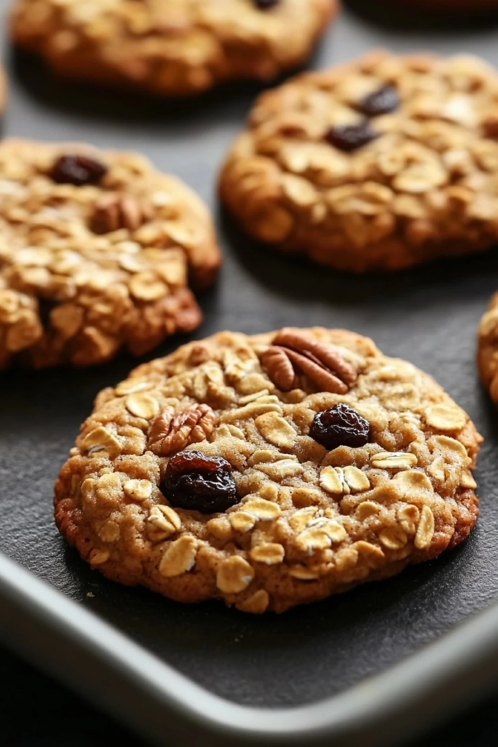 Baked oatmeal cookie and kate - the image shows a tray of freshly baked oatmeal cookies. the cookies are golden brown and have a crumbly texture. they are topped with chopped pecans and raisins, giving them a crunchy appearance. the tray is lined with parchment paper, and the background is dark, making the cookies stand out.