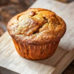 Banana bread jumbo muffins - the image shows a freshly baked muffin on a wooden cutting board. the muffin is golden brown in color and has a crumbly texture. it appears to be freshly baked and is sitting on a dark wooden surface. the cutting board is made of light-colored wood and is placed on a rustic wooden table. the background is blurred, but it seems to be a kitchen countertop.
