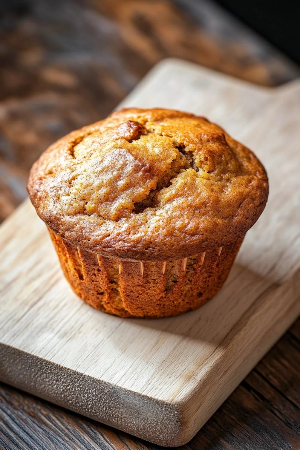 Banana bread jumbo muffins - the image shows a freshly baked muffin on a wooden cutting board. the muffin is golden brown in color and has a crumbly texture. it appears to be freshly baked and is sitting on a dark wooden surface. the cutting board is made of light-colored wood and is placed on a rustic wooden table. the background is blurred, but it seems to be a kitchen countertop.