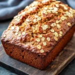 Banana bread with oats - the image shows a freshly baked loaf of bread on a wooden cutting board. the bread appears to be golden brown in color and has a crumbly texture. it is topped with sliced oats, giving it a crunchy appearance. the cutting board is placed on a dark grey countertop with a gray cloth napkin in the background. the overall mood of the image is rustic and cozy.