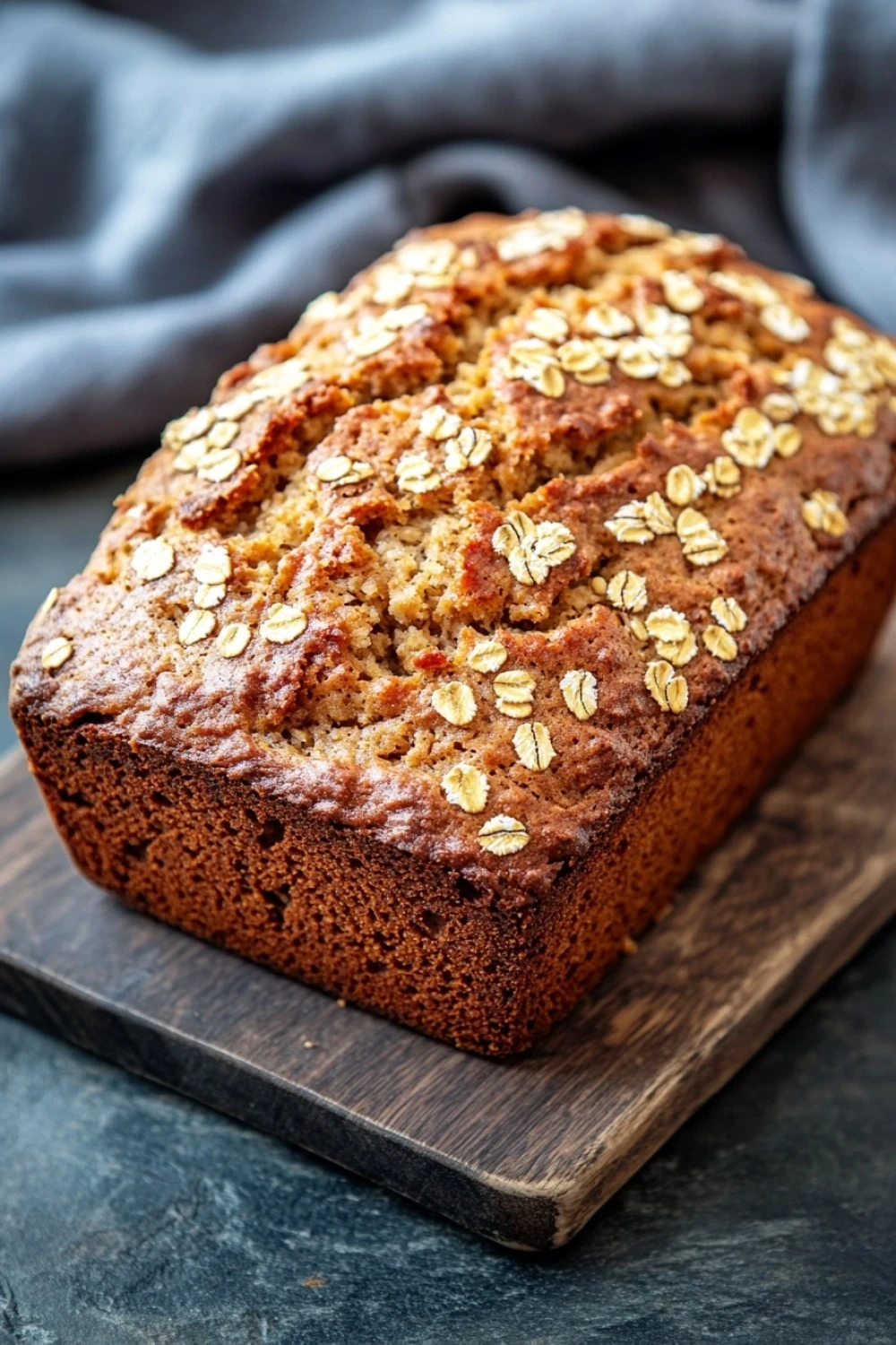 Banana bread with oats - the image shows a freshly baked loaf of bread on a wooden cutting board. the bread appears to be golden brown in color and has a crumbly texture. it is topped with sliced oats, giving it a crunchy appearance. the cutting board is placed on a dark grey countertop with a gray cloth napkin in the background. the overall mood of the image is rustic and cozy.