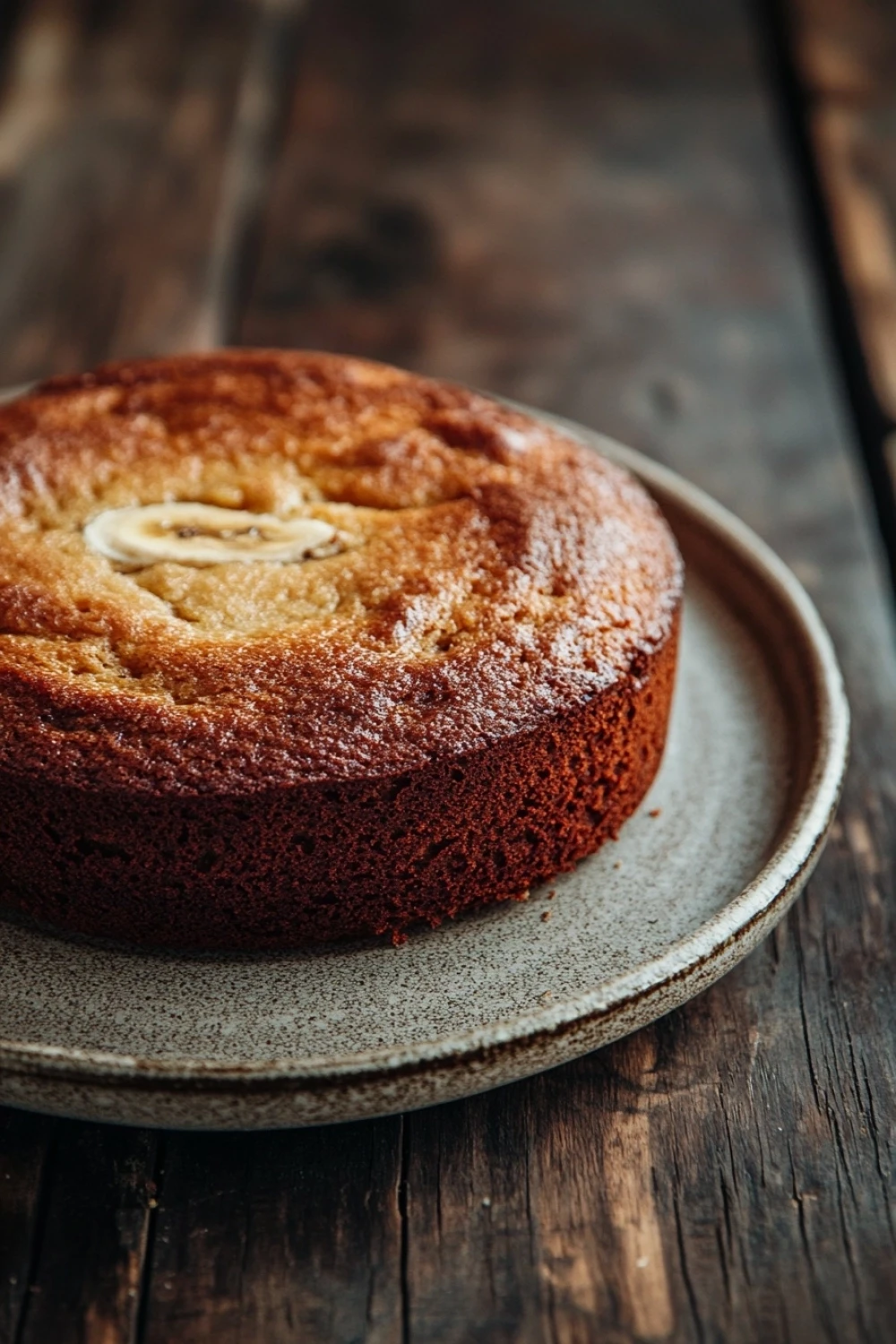 Banana cake from scratch - the image is a close-up of a round cake on a gray plate. the cake appears to be freshly baked and has a golden brown crust on top. the top of the cake is covered in a light dusting of powdered sugar, giving it a shiny appearance. the plate is placed on a wooden table with a rustic, weathered look. the background is blurred, making the cake the focal point of the image.