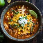 Beef chicken enchilada soup - the image is a close-up of a bowl of chili. the chili is a rich orange color and appears to be made with ground beef, black beans, corn kernels, and other ingredients. it is topped with shredded cheese and a dollop of sour cream. there are also two lime wedges on the side of the bowl. the bowl is sitting on a dark wooden table with a few cilantro scattered around it. the background is blurred, but it seems to be a rustic kitchen countertop.