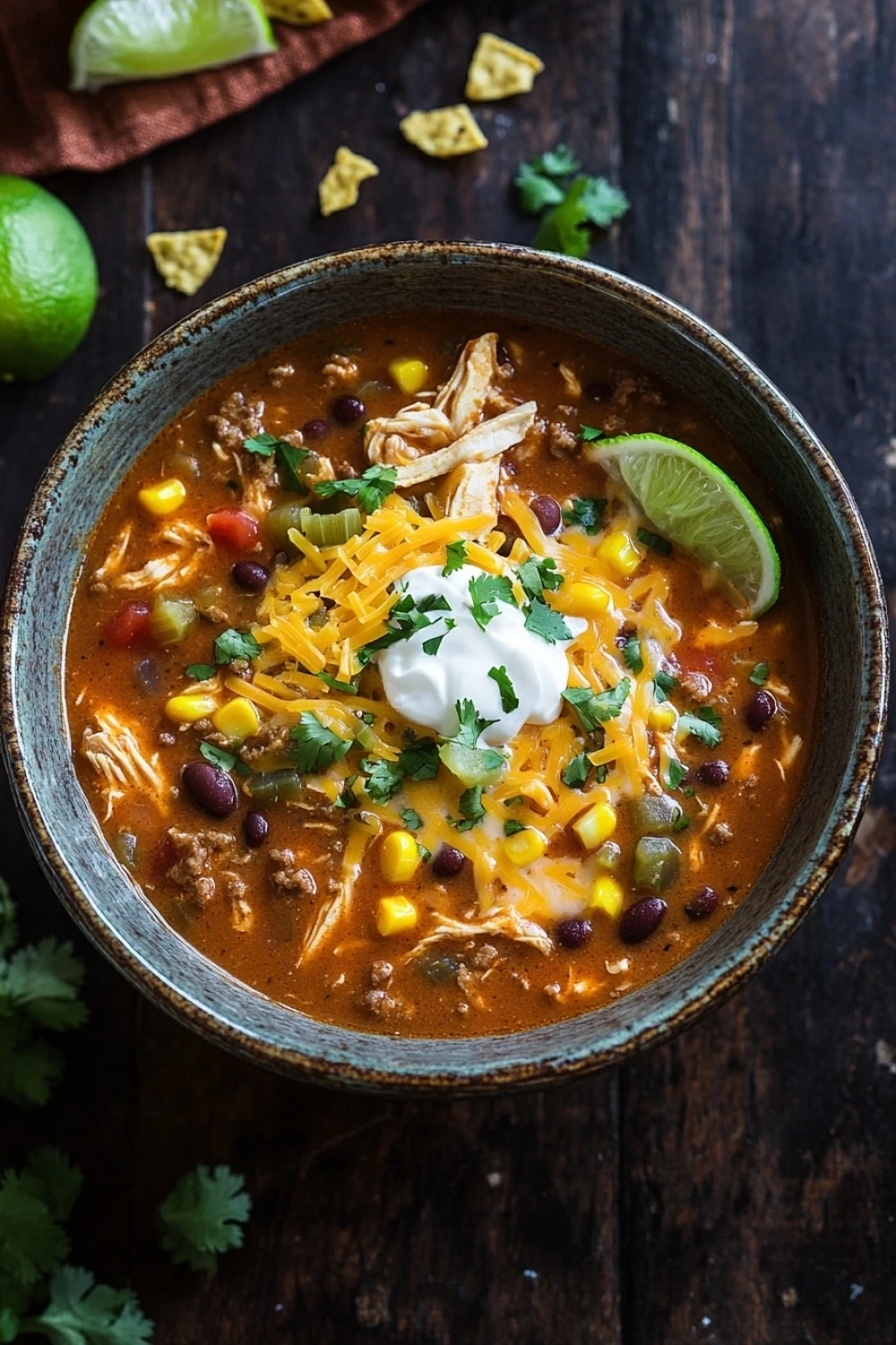 Beef chicken enchilada soup - the image is a close-up of a bowl of chili. the chili is a rich orange color and appears to be made with ground beef, black beans, corn kernels, and other ingredients. it is topped with shredded cheese and a dollop of sour cream. there are also two lime wedges on the side of the bowl. the bowl is sitting on a dark wooden table with a few cilantro scattered around it. the background is blurred, but it seems to be a rustic kitchen countertop.