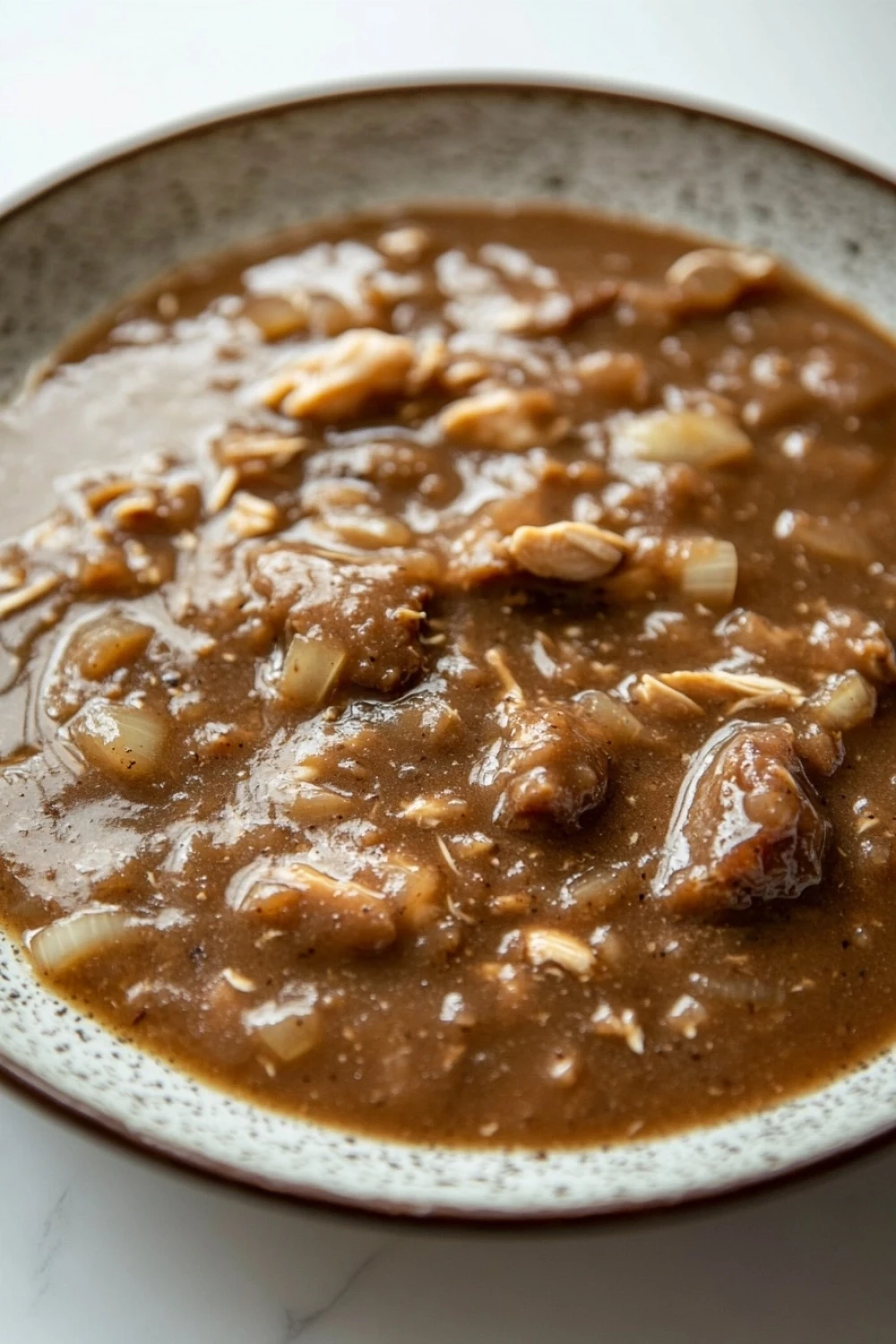 Beef chicken gravy - the image is a close-up of a bowl of soup. the soup appears to be a rich, dark brown color and has chunks of meat and vegetables mixed in. the dish is garnished with chopped nuts, giving it a crunchy texture. the bowl is made of ceramic with a speckled pattern around the edges. the background is a white marble countertop.
