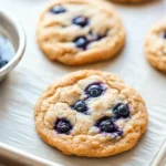 Blueberry muffin mix cookies - the image shows a baking tray with freshly baked blueberry cookies on it. the cookies are golden brown and have a crumbly texture. they are arranged in a single layer on the tray, with some of the cookies overlapping each other. there is a small bowl of blueberries on the left side of the tray. the tray is lined with parchment paper, and the background is a wooden table.
