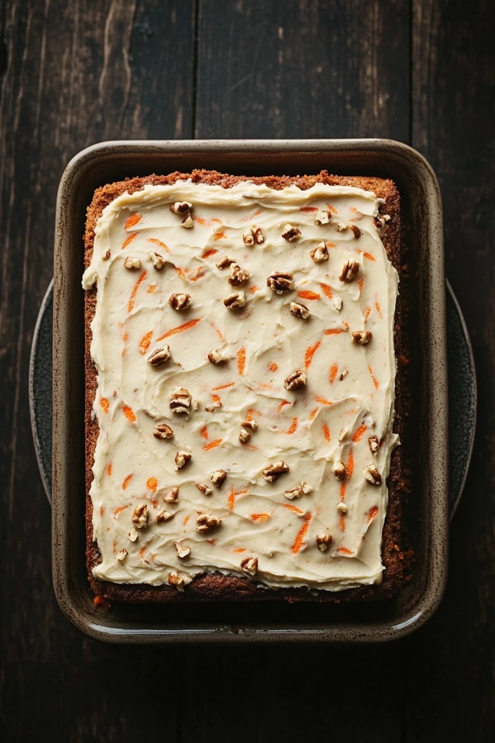 Carrot cake in 9 x 13 pan - the image shows a rectangular baking dish with a layer of carrot cake in it. the cake appears to be freshly baked and has a golden brown crust on top. the top of the cake is covered in a creamy white frosting with chopped nuts scattered throughout. the frosting is drizzled over the cake, giving it a smooth and shiny appearance. the dish is sitting on a dark wooden table with a black plate underneath.