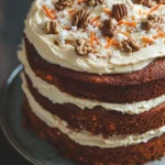 Carrot cake ingredients - the image is of a round cake on a glass cake stand. the cake is a chocolate cake with a layer of white frosting on top. the frosting is drizzled over the top of the cake, creating a smooth and creamy texture. on top of each layer, there are small pieces of pecans scattered across the cake. the background is blurred, but it appears to be a wooden table or countertop.
