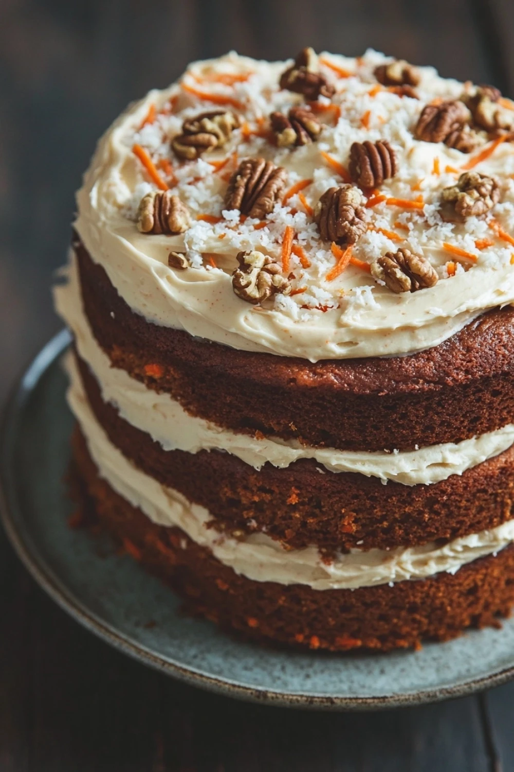 Carrot cake ingredients - the image is of a round cake on a glass cake stand. the cake is a chocolate cake with a layer of white frosting on top. the frosting is drizzled over the top of the cake, creating a smooth and creamy texture. on top of each layer, there are small pieces of pecans scattered across the cake. the background is blurred, but it appears to be a wooden table or countertop.