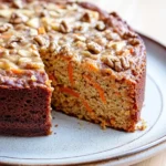Carrot cake with applesauce and cinnamon - the image shows a freshly baked carrot cake on a blue plate. the cake has a golden brown crust and is topped with chopped nuts. a slice of the cake is missing from the plate, revealing the moist and fluffy interior. the plate is sitting on a wooden table with a blurred background.