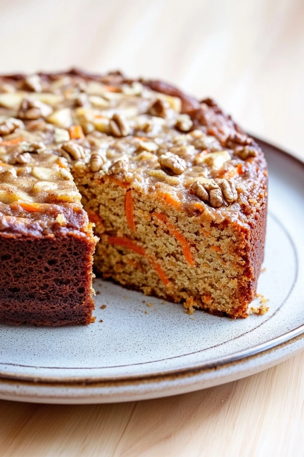 Carrot cake with applesauce and cinnamon - the image shows a freshly baked carrot cake on a blue plate. the cake has a golden brown crust and is topped with chopped nuts. a slice of the cake is missing from the plate, revealing the moist and fluffy interior. the plate is sitting on a wooden table with a blurred background.
