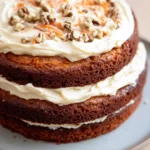 Carrot cake with banana - the image is of a round cake on a blue plate. the cake appears to be a carrot cake with a layer of white frosting on top. the frosting is drizzled over the top of the cake, creating a smooth and creamy texture. on top, there are chopped pecans scattered around the cake. the plate is sitting on a wooden table, and the background is blurred.