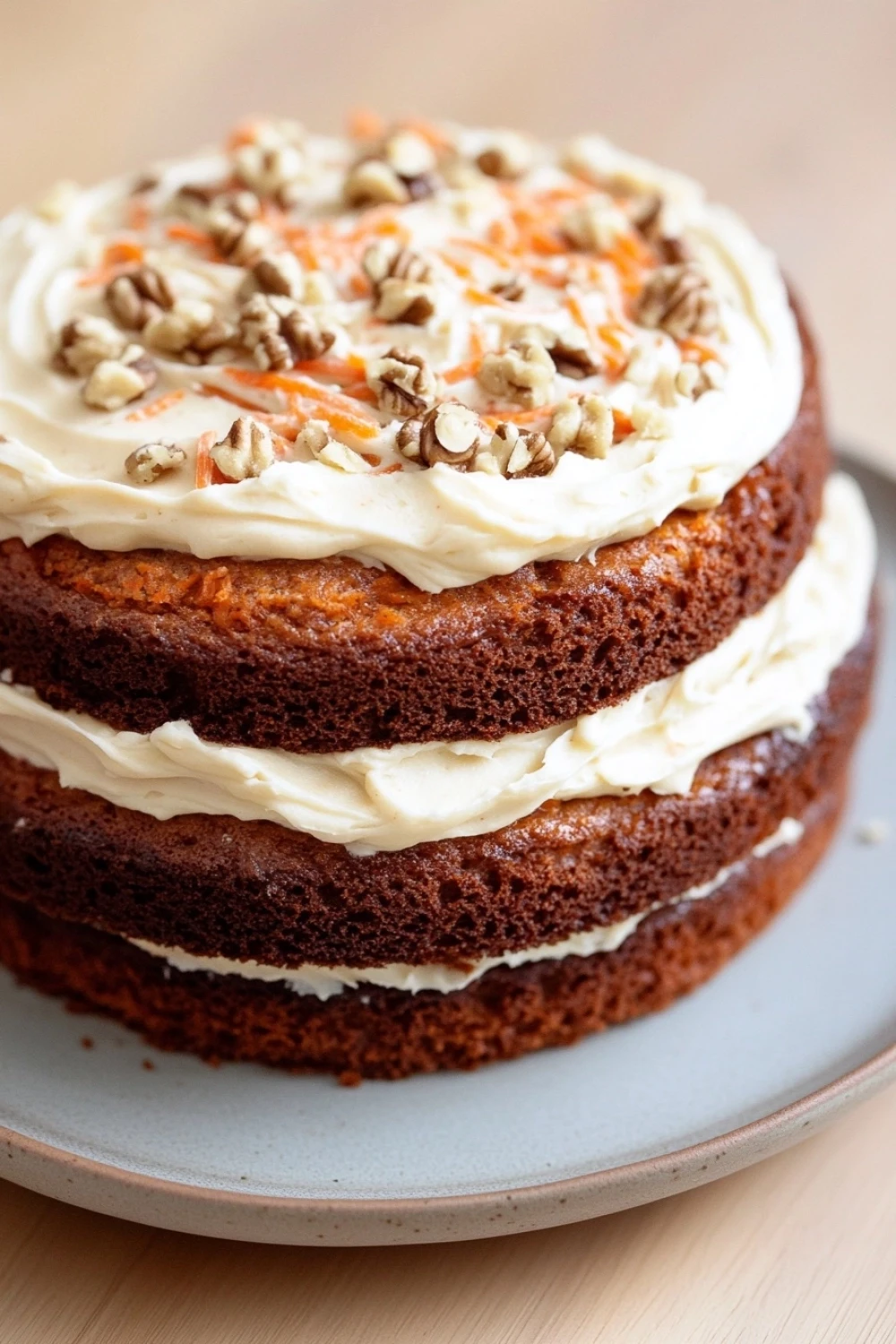 Carrot cake with banana - the image is of a round cake on a blue plate. the cake appears to be a carrot cake with a layer of white frosting on top. the frosting is drizzled over the top of the cake, creating a smooth and creamy texture. on top, there are chopped pecans scattered around the cake. the plate is sitting on a wooden table, and the background is blurred.