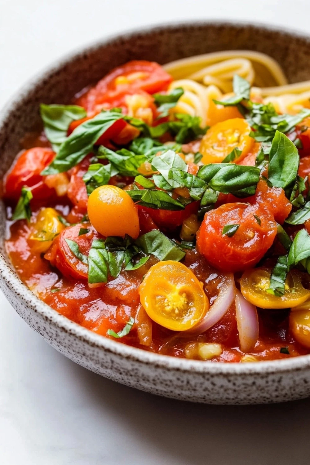 Cherry tomato pasta sauce freezer - the image is a close-up of a bowl of pasta dish. the dish appears to be a tomato-based pasta dish with chunks of cherry tomatoes, onions, and basil leaves mixed in. the tomatoes are bright red and appear to be ripe and juicy. the onions are sliced and the basil leaves are scattered throughout the dish, adding a pop of green color. the bowl is made of ceramic and has a speckled texture. the background is white, making the colors of the dish stand out.