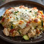 Chicken and zucchini rice casserole - the image shows a close-up of a dish on a brown plate. the dish appears to be a casserole or lasagna, with layers of rice, chicken, zucchini, and other vegetables mixed in. the top of the dish is covered in a layer of melted cheese, which is sprinkled with chopped herbs. the plate is sitting on a wooden table, and there are a few sprigs of parsley scattered around the plate.
