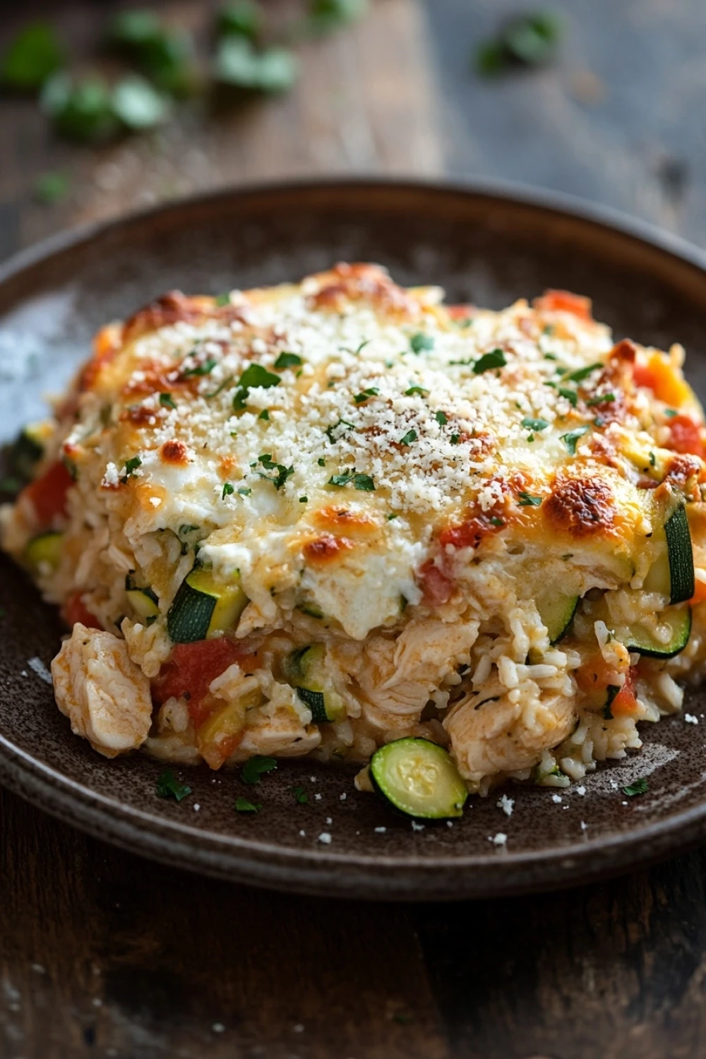 Chicken and zucchini rice casserole - the image shows a close-up of a dish on a brown plate. the dish appears to be a casserole or lasagna, with layers of rice, chicken, zucchini, and other vegetables mixed in. the top of the dish is covered in a layer of melted cheese, which is sprinkled with chopped herbs. the plate is sitting on a wooden table, and there are a few sprigs of parsley scattered around the plate.
