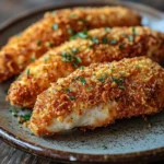 Chicken breast tenders - the image shows a plate of three pieces of breaded fish fillets on a wooden table. the fillets are golden brown and appear to be seasoned with herbs and spices. the plate is round and has a dark brown rim. the background is blurred, but it appears to be a rustic wooden table with a few scattered leaves. the overall mood of the image is warm and inviting.