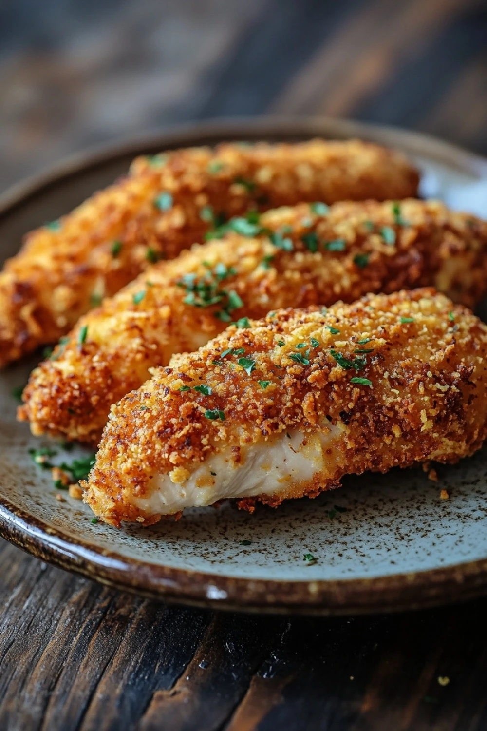 Chicken breast tenders - the image shows a plate of three pieces of breaded fish fillets on a wooden table. the fillets are golden brown and appear to be seasoned with herbs and spices. the plate is round and has a dark brown rim. the background is blurred, but it appears to be a rustic wooden table with a few scattered leaves. the overall mood of the image is warm and inviting.