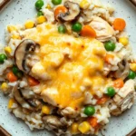 Chicken casserole homemade - the image is a close-up of a plate of food. the plate is round and has a light blue rim. on top of the plate, there is a serving of rice with chunks of chicken, peas, carrots, and mushrooms. the rice is white and fluffy, and the chicken is cooked to a golden brown color. the vegetables are mixed in with the rice, creating a colorful and appetizing dish. the dish appears to be freshly cooked and ready to eat.