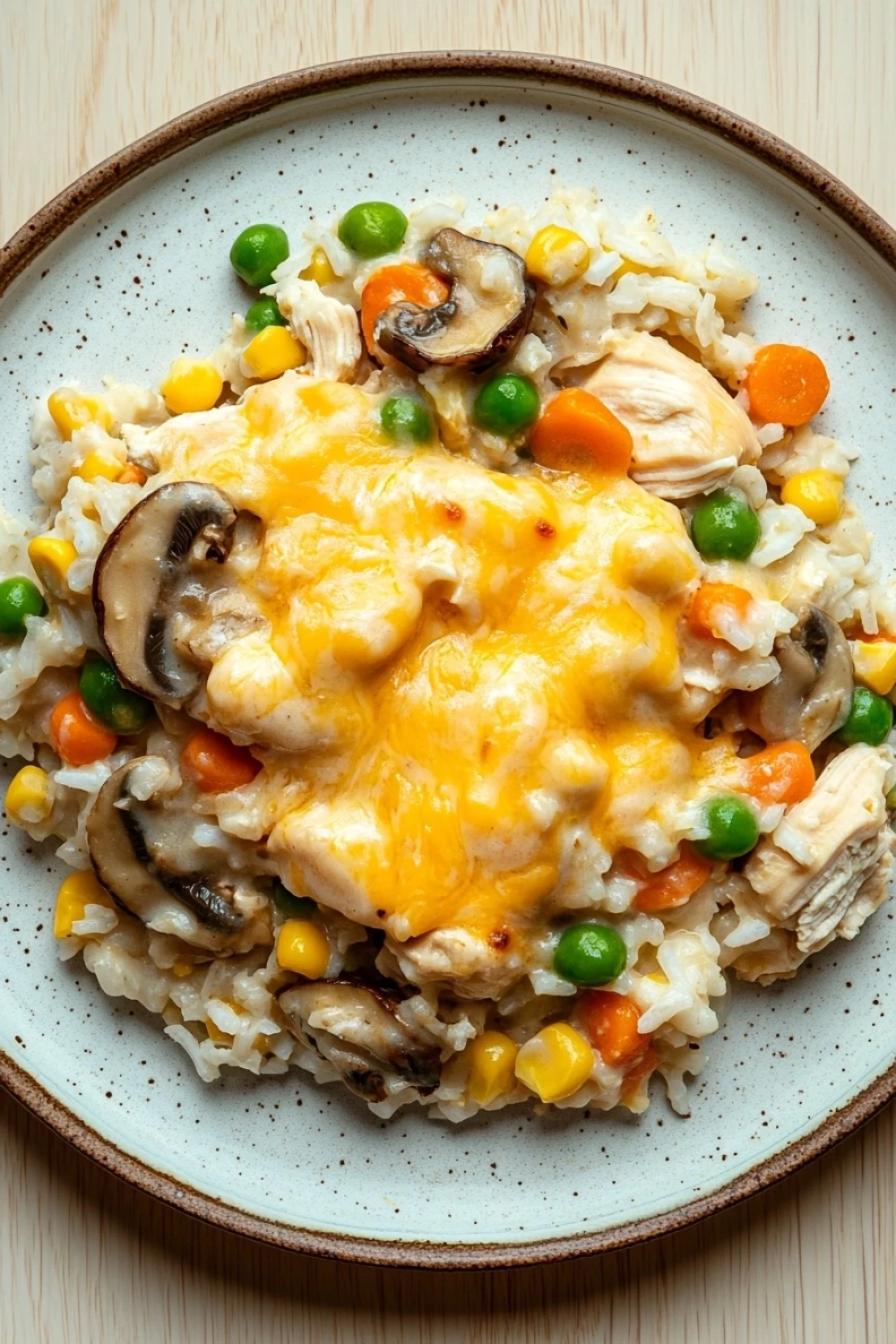 Chicken casserole homemade - the image is a close-up of a plate of food. the plate is round and has a light blue rim. on top of the plate, there is a serving of rice with chunks of chicken, peas, carrots, and mushrooms. the rice is white and fluffy, and the chicken is cooked to a golden brown color. the vegetables are mixed in with the rice, creating a colorful and appetizing dish. the dish appears to be freshly cooked and ready to eat.